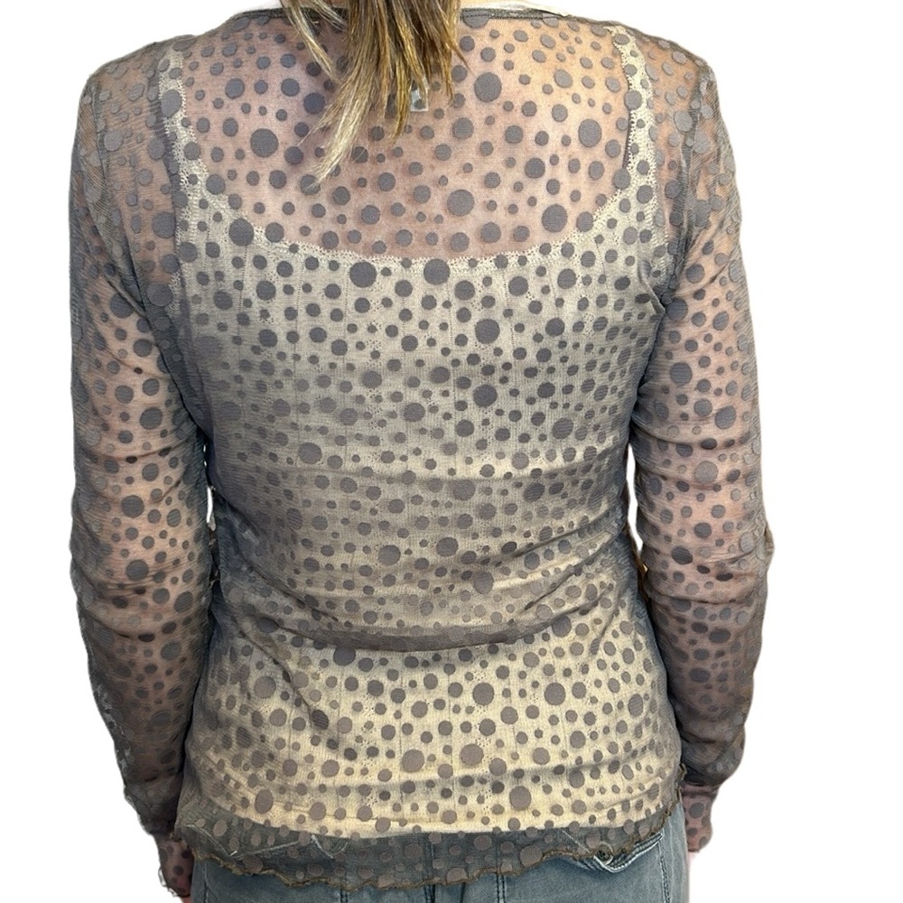 Neesh by D.A.R Anthropologie Sheer Polka Dot Cardigan Top Gray/Brown M - Picture 7 of 11